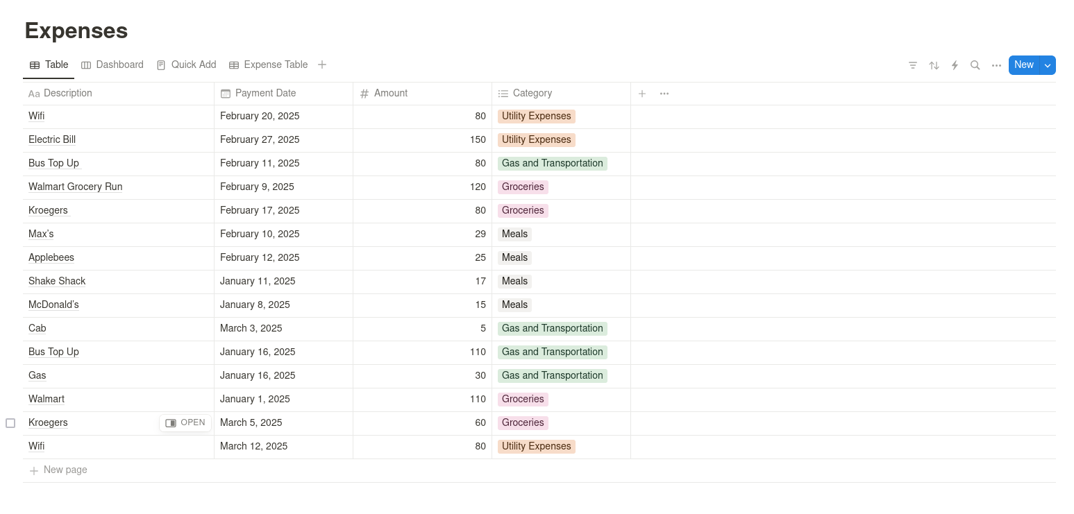 Sample Notion Expense Database